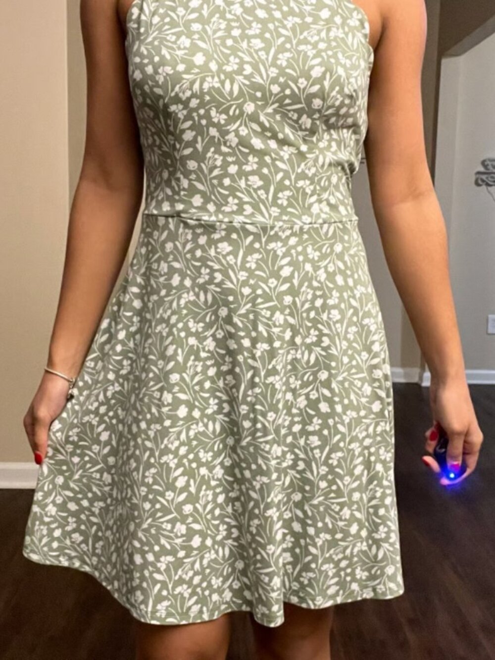 Fortune+Ivy Taliyah Scallop Detail Knit Dress Green and White Floral L